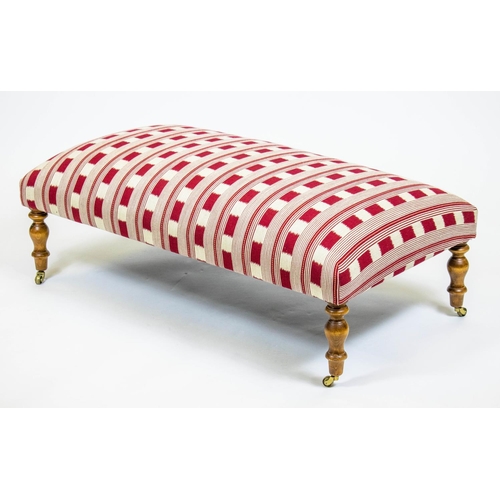 202 - HEARTH STOOL, 37cm H x 108cm W x 58cm D, red and white striped upholstery on beechwood legs and bras... 