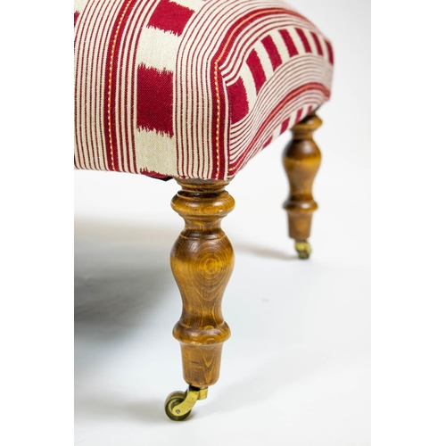 202 - HEARTH STOOL, 37cm H x 108cm W x 58cm D, red and white striped upholstery on beechwood legs and bras... 