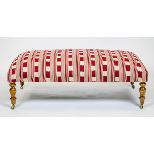 202 - HEARTH STOOL, 37cm H x 108cm W x 58cm D, red and white striped upholstery on beechwood legs and bras... 