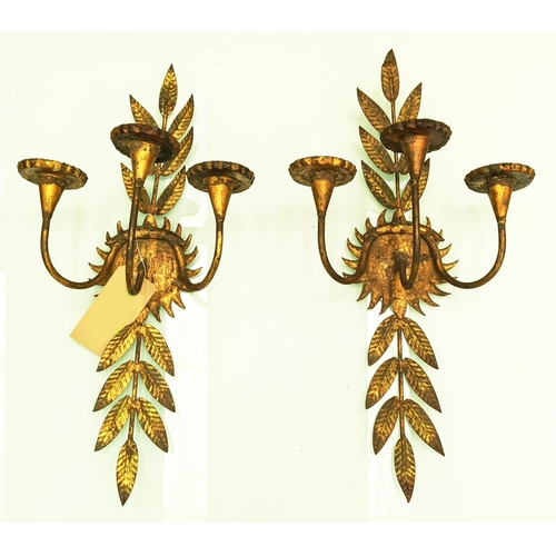 205 - WALL CANDLE SCONCES, a pair, each 70cm H x 35cm W, distressed and antiqued finish. (2)