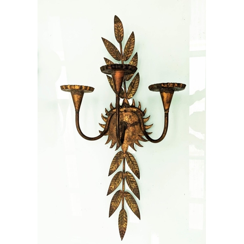 205 - WALL CANDLE SCONCES, a pair, each 70cm H x 35cm W, distressed and antiqued finish. (2)