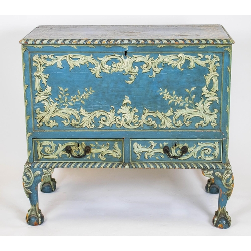 219 - MULE CHEST, 90cm H x 98cm W x 47cm D, 19th century blue painted with rococo scrolls and hinged top a... 