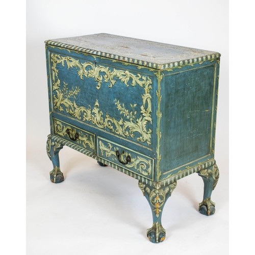 219 - MULE CHEST, 90cm H x 98cm W x 47cm D, 19th century blue painted with rococo scrolls and hinged top a... 