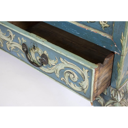 219 - MULE CHEST, 90cm H x 98cm W x 47cm D, 19th century blue painted with rococo scrolls and hinged top a... 