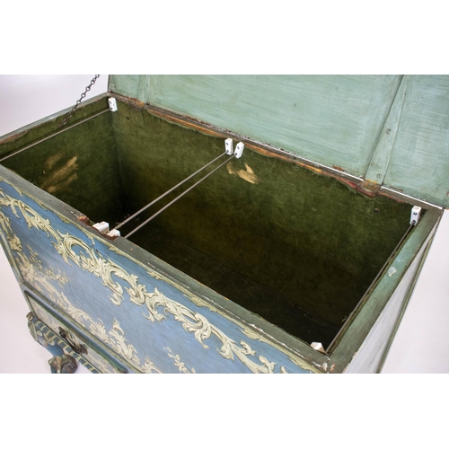 219 - MULE CHEST, 90cm H x 98cm W x 47cm D, 19th century blue painted with rococo scrolls and hinged top a... 