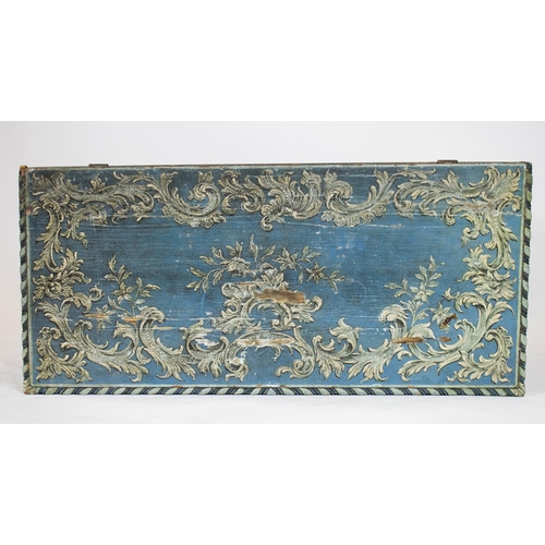 219 - MULE CHEST, 90cm H x 98cm W x 47cm D, 19th century blue painted with rococo scrolls and hinged top a... 