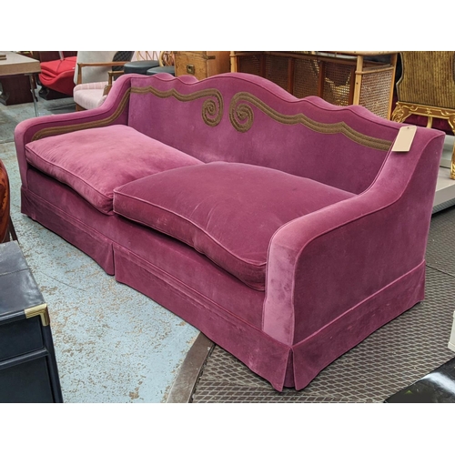 227 - SOFA, 225cm W x 88cm H x 88cm D, in purple velvet with applied braid and a shaped back.