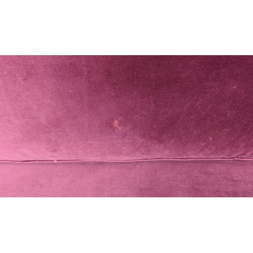 227 - SOFA, 225cm W x 88cm H x 88cm D, in purple velvet with applied braid and a shaped back.