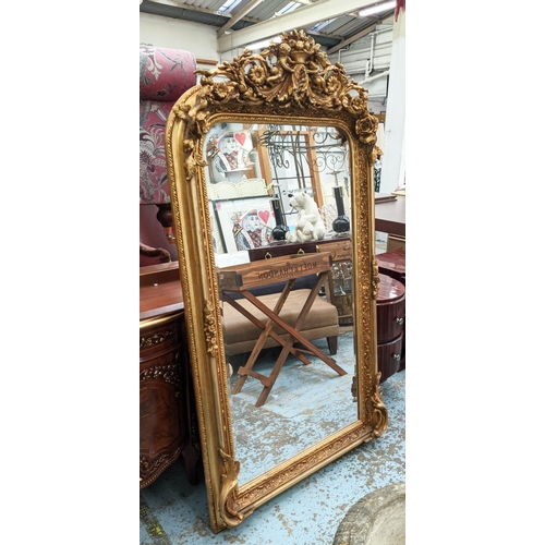 372 - BAROQUE STYLE GILT FRAME WALL MIRROR, cherub and flower moulded crest, bevelled edge glass, 157cm H ... 