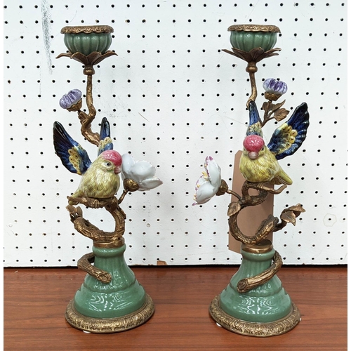 409 - BUDGIE FIGURAL CANDLE STICKS, pair, ceramic bodies with bronzed metal branch stems hand painted, 33c... 