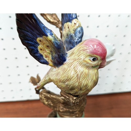 409 - BUDGIE FIGURAL CANDLE STICKS, pair, ceramic bodies with bronzed metal branch stems hand painted, 33c... 