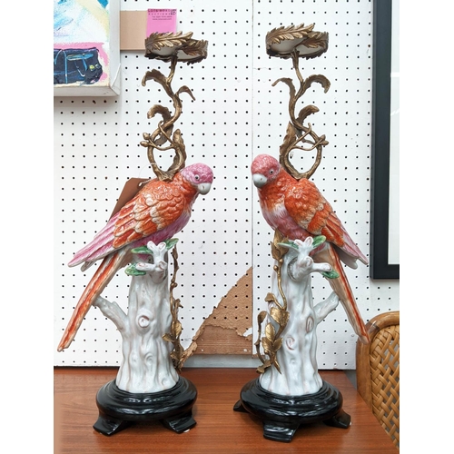 410 - PARROT FIGURAL CANDLESTICKS, pair, hand painted ceramic bodies, gilt metal stems and branch decorati... 