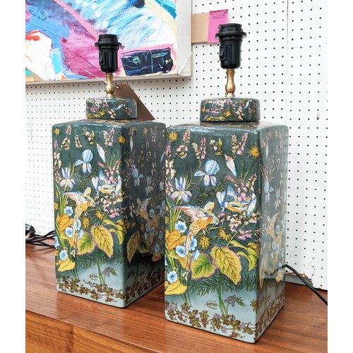 411 - AESTHETIC STYLE TABLE LAMPS, pair, in the form of square lidded ginger jars, depicting parrots among... 