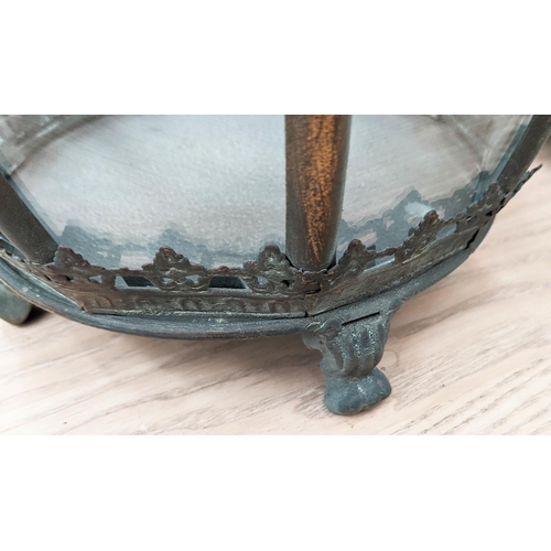 418 - HANGING LANTERNS, set of three, antiqued copper finish, barrel form, glazed sides, 46cm H x 25cm dia... 