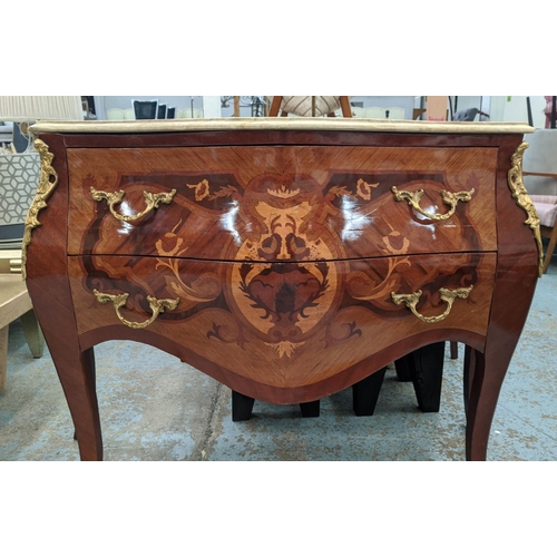 425 - LOUIS XV STYLE COMMODE, of bombe form, marble topped, marquetry inlaid, fitted with two drawers, git... 