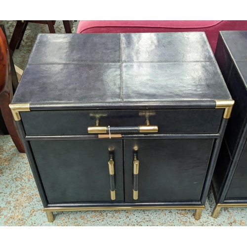 426 - ART DECO STYLE BEDSIDE CABINETS, pair, blue leather, each with a single drawers over two doors, 61cm... 