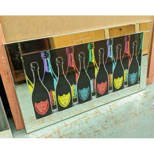 428 - CHAMPAGNE BOTTLE PICTURE, print, black ground with raised decoration, mirrored frame, 66cm x 116cm.