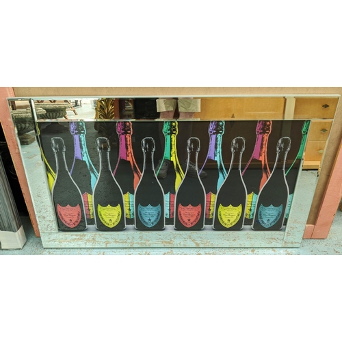 428 - CHAMPAGNE BOTTLE PICTURE, print, black ground with raised decoration, mirrored frame, 66cm x 116cm.