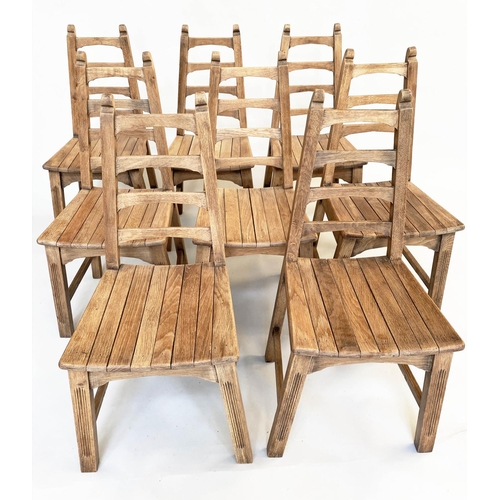 105 - DINING CHAIRS, a set of eight, Arts and Crafts style oak each with tapering ladder back and slatted ... 