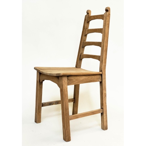 105 - DINING CHAIRS, a set of eight, Arts and Crafts style oak each with tapering ladder back and slatted ... 