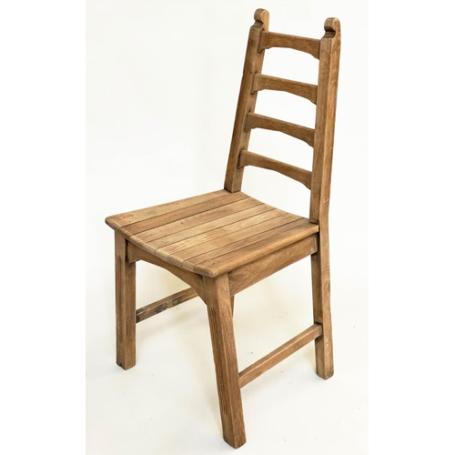 105 - DINING CHAIRS, a set of eight, Arts and Crafts style oak each with tapering ladder back and slatted ... 