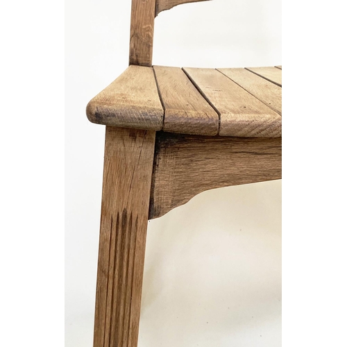 105 - DINING CHAIRS, a set of eight, Arts and Crafts style oak each with tapering ladder back and slatted ... 