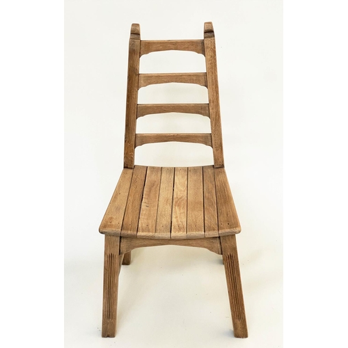 105 - DINING CHAIRS, a set of eight, Arts and Crafts style oak each with tapering ladder back and slatted ... 