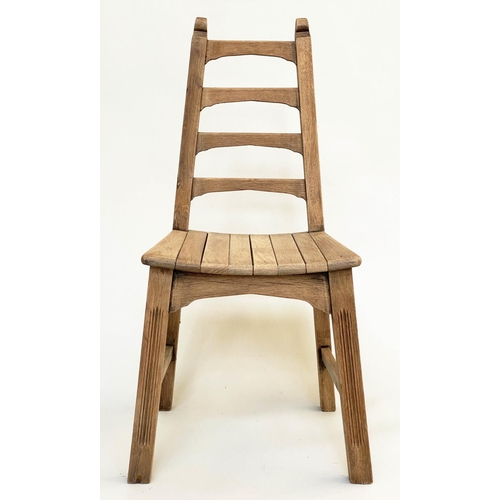 105 - DINING CHAIRS, a set of eight, Arts and Crafts style oak each with tapering ladder back and slatted ... 