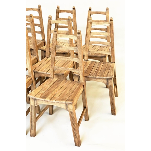 105 - DINING CHAIRS, a set of eight, Arts and Crafts style oak each with tapering ladder back and slatted ... 