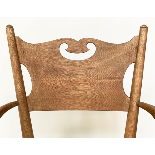 113 - DESK CHAIR, English 1930s oak with pierced back and revolving solid elm seat, 54cm W.