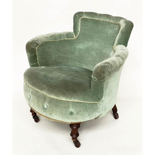 115 - TUB ARMCHAIR, Victorian mahogany with moss green velvet upholstery and turned front supports, stampe... 