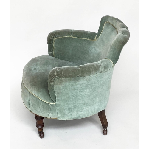 115 - TUB ARMCHAIR, Victorian mahogany with moss green velvet upholstery and turned front supports, stampe... 