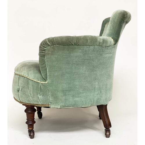 115 - TUB ARMCHAIR, Victorian mahogany with moss green velvet upholstery and turned front supports, stampe... 