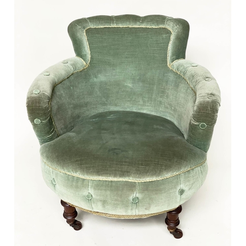 115 - TUB ARMCHAIR, Victorian mahogany with moss green velvet upholstery and turned front supports, stampe... 