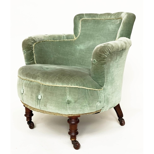 115 - TUB ARMCHAIR, Victorian mahogany with moss green velvet upholstery and turned front supports, stampe... 