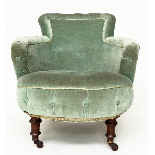 115 - TUB ARMCHAIR, Victorian mahogany with moss green velvet upholstery and turned front supports, stampe... 