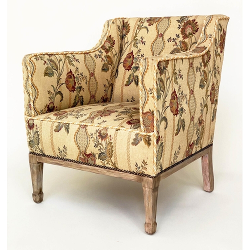 119 - ARMCHAIR, Edwardian style tapestry weave fabric upholstery, with square arms and tapering supports, ... 