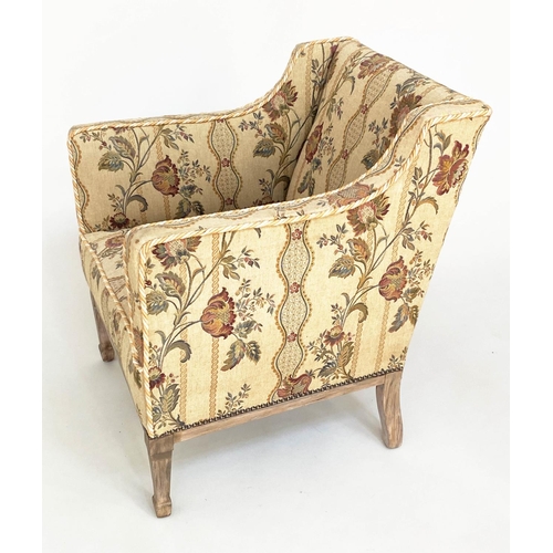 119 - ARMCHAIR, Edwardian style tapestry weave fabric upholstery, with square arms and tapering supports, ... 