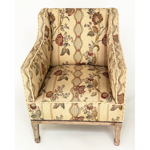 119 - ARMCHAIR, Edwardian style tapestry weave fabric upholstery, with square arms and tapering supports, ... 