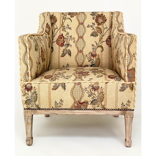 119 - ARMCHAIR, Edwardian style tapestry weave fabric upholstery, with square arms and tapering supports, ... 