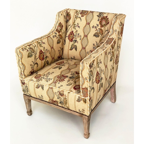 119 - ARMCHAIR, Edwardian style tapestry weave fabric upholstery, with square arms and tapering supports, ... 