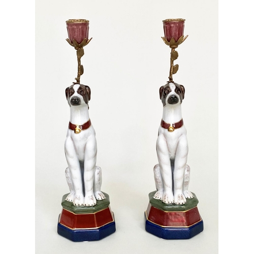 295 - 'DOG' CANDLESTICKS, a pair, Continental style painted porcelain and gilt metal mounted, 35cm H. (2)