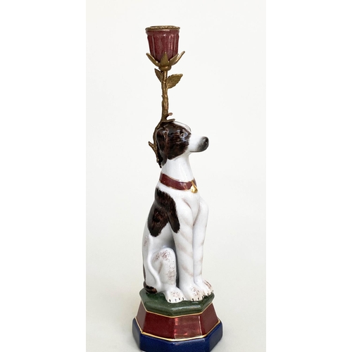 295 - 'DOG' CANDLESTICKS, a pair, Continental style painted porcelain and gilt metal mounted, 35cm H. (2)