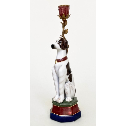 295 - 'DOG' CANDLESTICKS, a pair, Continental style painted porcelain and gilt metal mounted, 35cm H. (2)