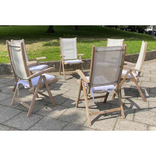 116 - GARDEN ARMCHAIRS BY NEPTUNE, a set of six canvas folding and teak framed. (6)