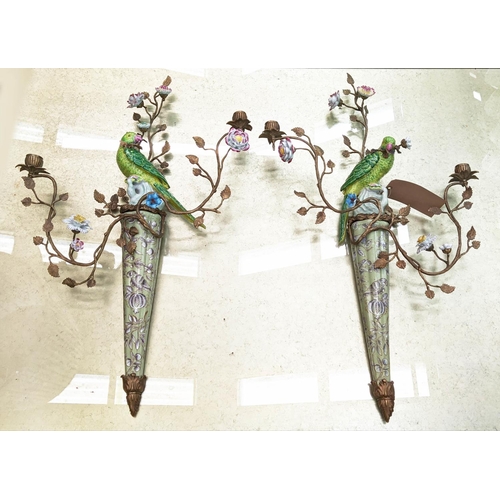 406 - FIGURAL CERAMIC WALL SCONCES, pair, parrot surmounts, hand painted, bronzed finished branches and ce... 