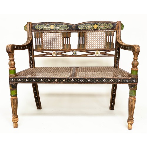 122 - RAJASTHAN BENCH, 19th century North Indian hand painted and cane panelled, 98cm W.