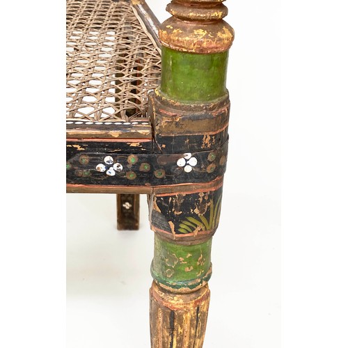 122 - RAJASTHAN BENCH, 19th century North Indian hand painted and cane panelled, 98cm W.