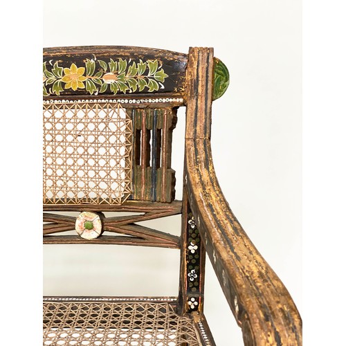 122 - RAJASTHAN BENCH, 19th century North Indian hand painted and cane panelled, 98cm W.