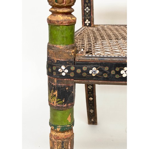 122 - RAJASTHAN BENCH, 19th century North Indian hand painted and cane panelled, 98cm W.